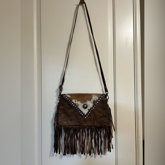 Myra Bag Handbags - 🐮🤠 Myra Bag Brown & Tan Cow print fur Cowgirl leather Crossbody Fringe 🐮🤠